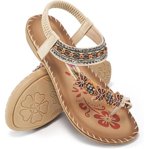 Bohemian‎ Beaded Sandals: Comfortable Flat Casual Beach Shoes with Ankle Strap - Picture 1 of 7